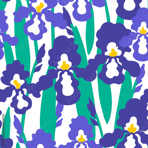 Seamless pattern with iris flowers on white background. Can be used for printing on fabric and paper and other surfaces. 