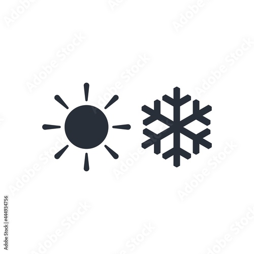 Sun and snowflake. Heat and cold. Paired contrast, opposites. Vector icon isolated on white background.