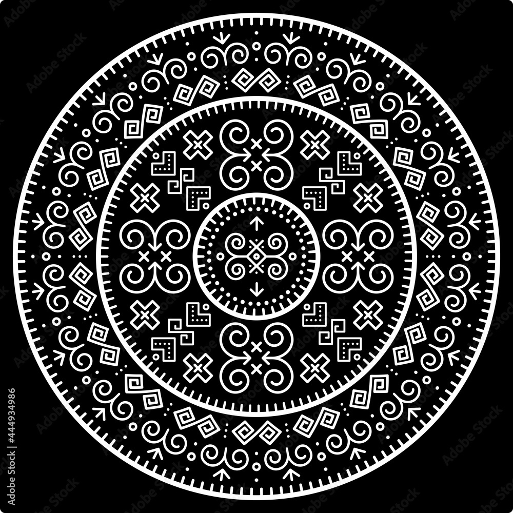 Tribal vector black mandala design with geometric shapes, Slovak bohemian folk art, ornament inspired by traditional house paintings from village Cicmany in Zilina region, Slovakia
	