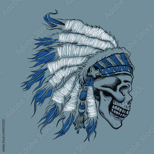 skull Indian chief in hand drawing, Vector illustration of the skull in an Indian headdress on blue background