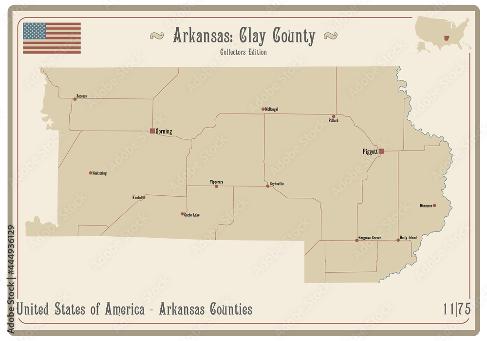 Map on an old playing card of Clay county in Arkansas, USA.
