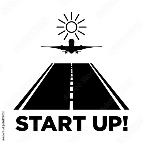 Start up jet plane icon. Airplane takes off from the runway towards the sun. Vector on transparent background