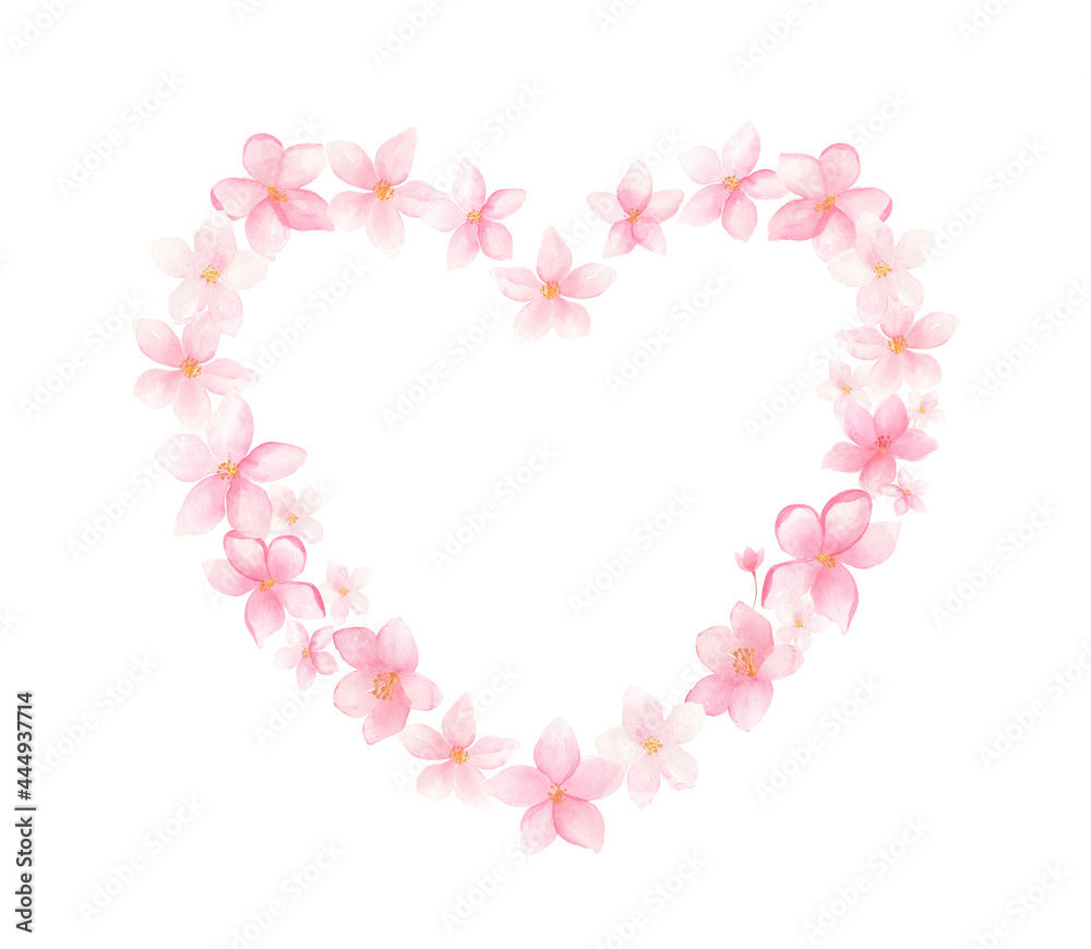 Watercolor floral heart frame with pink spring flowers isolated on white background. 