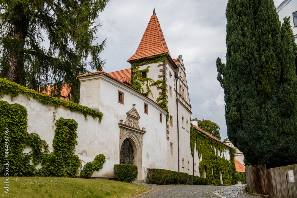 Benesov nad Ploucnici, North Bohemia, Czech Republic, 26 June 2021: old saxoxy renaissance castle at summer sunny day, graceful towers with spiers, ivy braided white walls, green trees at the street
