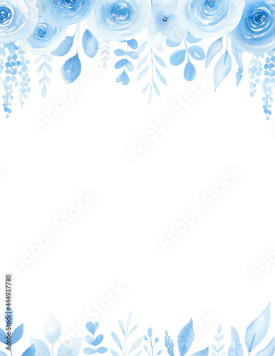 Watercolor blue floral frame isolated on white background. Wedding floral invitation, greeting card. Something blue watercolor theme. 