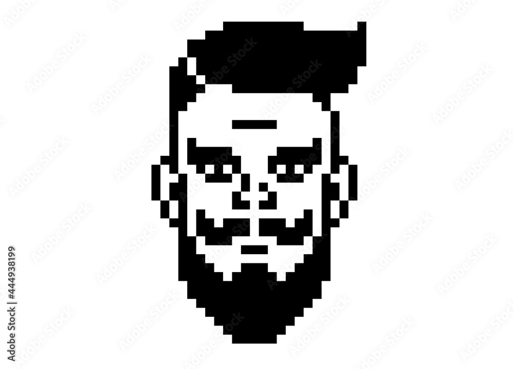 Man with beard and mustache. Black and white pixel art illustration Man with beard and mustache. Black and white pixel art illustration
