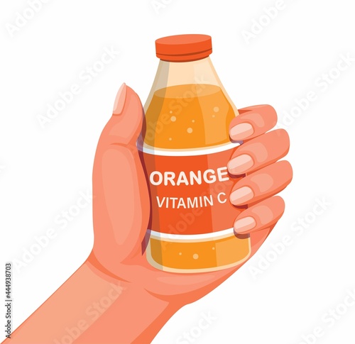 Orange vitamin c drink water on hand, supplement and beverage product illustration vector