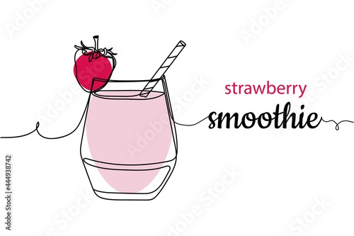 Continuous one line of glass of tasty strawberry smoothie in silhouette on a white background. Linear stylized.Minimalist.