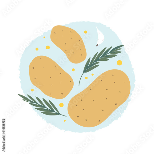 Rosemary potato ingredients. Homemade garnish with garlic, olive oil and herbs. Flat hand drawn food illustration for kitchen print.