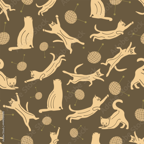 Seamless pattern with cats in different poses and yarn with knitting needles. Vector colorful illustration hand drawn. Brown background