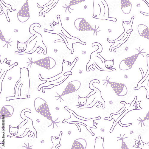 Seamless pattern with cats in different poses, festive cap and paw prints. Vector colorful illustration hand drawn. Holiday print for birthday or party