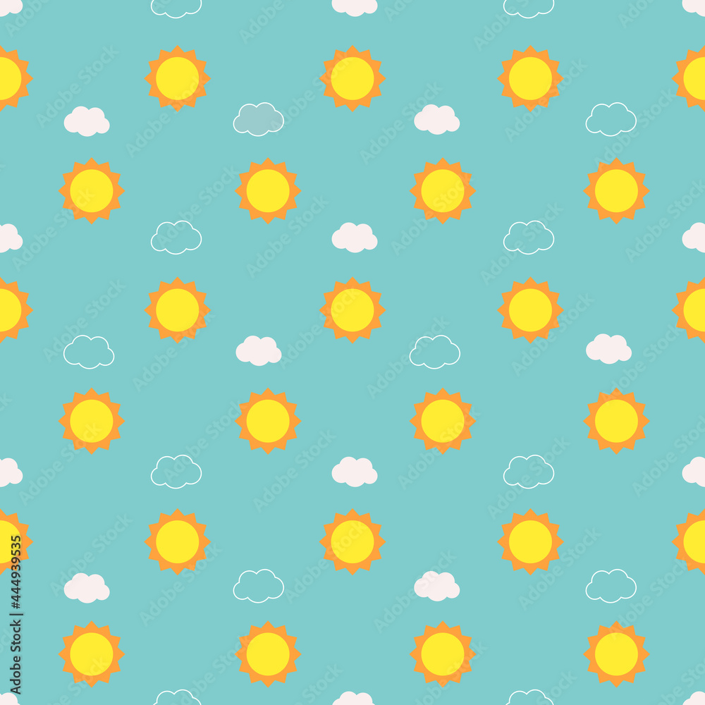 Sweet and cute sun with cloud seamless pattern on blue background isolated vector. Retro and vintage style. Suitable for decorating, wallpaper, wrapping paper, fabric and etc. Sweet and cute sun with cloud seamless pattern on blue background isolated vector. Retro and vintage style. Suitable for decorating, wallpaper, wrapping paper, fabric and etc.