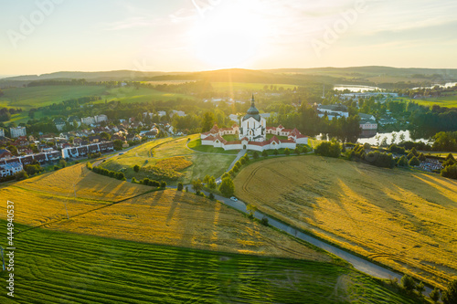 Aerial view of Pilgrimage Church of Saint John of Nepomuk on the Green Hill at sunset.
