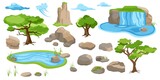 Forest trees, lake, mountains and stones, peaks of clouds. Landscape elements isolated set of vector set