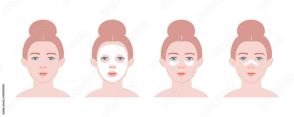 Fototapeta premium Mask on the face of a girl sheet, clay. Patches on the eyes. Facial care. Vector illustration.