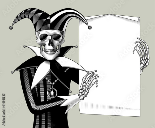 Engraved human skeleton in a Joker suit with a paper sheet banner in the hands