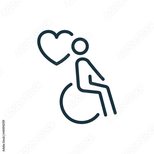 Charity and Donate Concept. Handicap Patient in Wheelchair Line Icon. Volunteer Care for Disabled Linear Pictogram. Caregiver Icon. Care and Help Service. Editable stroke. Vector Illustration