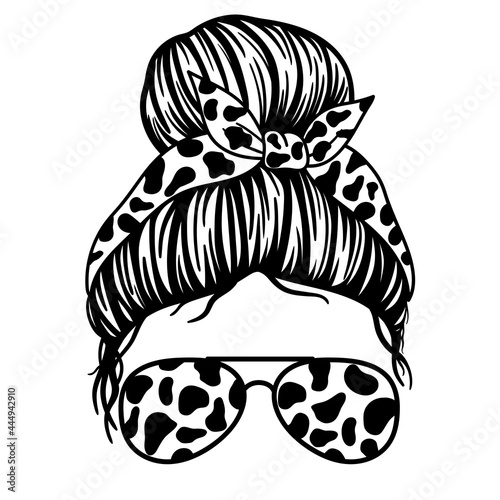 Women with aviator glasses, bandana and cow print. Messy Bun Mom Lifestyle. Vector illustration. Isolated on white background. Good for posters, t shirts, postcards.