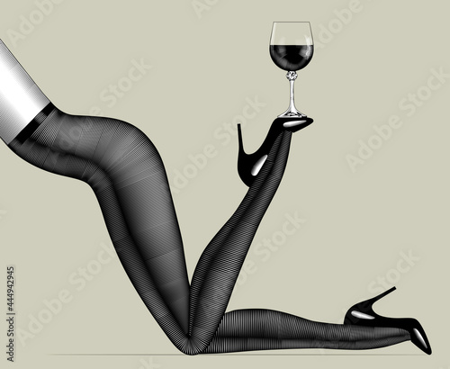 Female legs in pantyhose and high-heeled shoes holding a wine glass