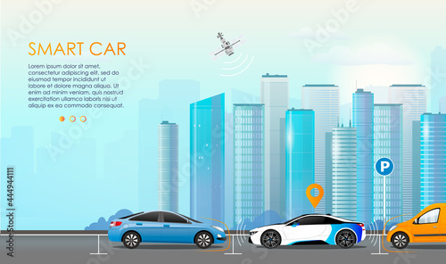 Smart car parking technology concept. Self-driving car with sensors automatically parked in parking lot. Self-parking car system. Vector illustration.