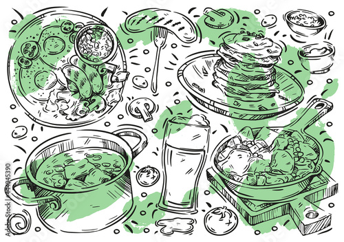 Hand drawn line vector illustration food on white background. Doodle Irish cuisine: beer, pancakes, sausages, eggs, stew, soup, grill meat, tomato