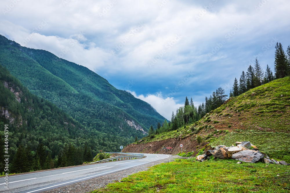 A highway in the intermountain valley. Ongudaysky district, Altai Republic