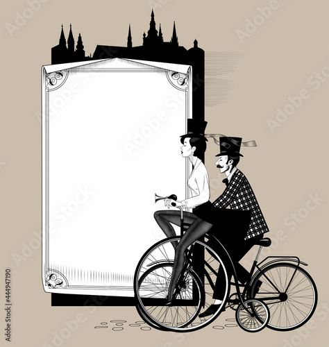 Man and woman in top hats ride retro bicycles against the paper sheet with a decorative frame and the silhouette of the old city