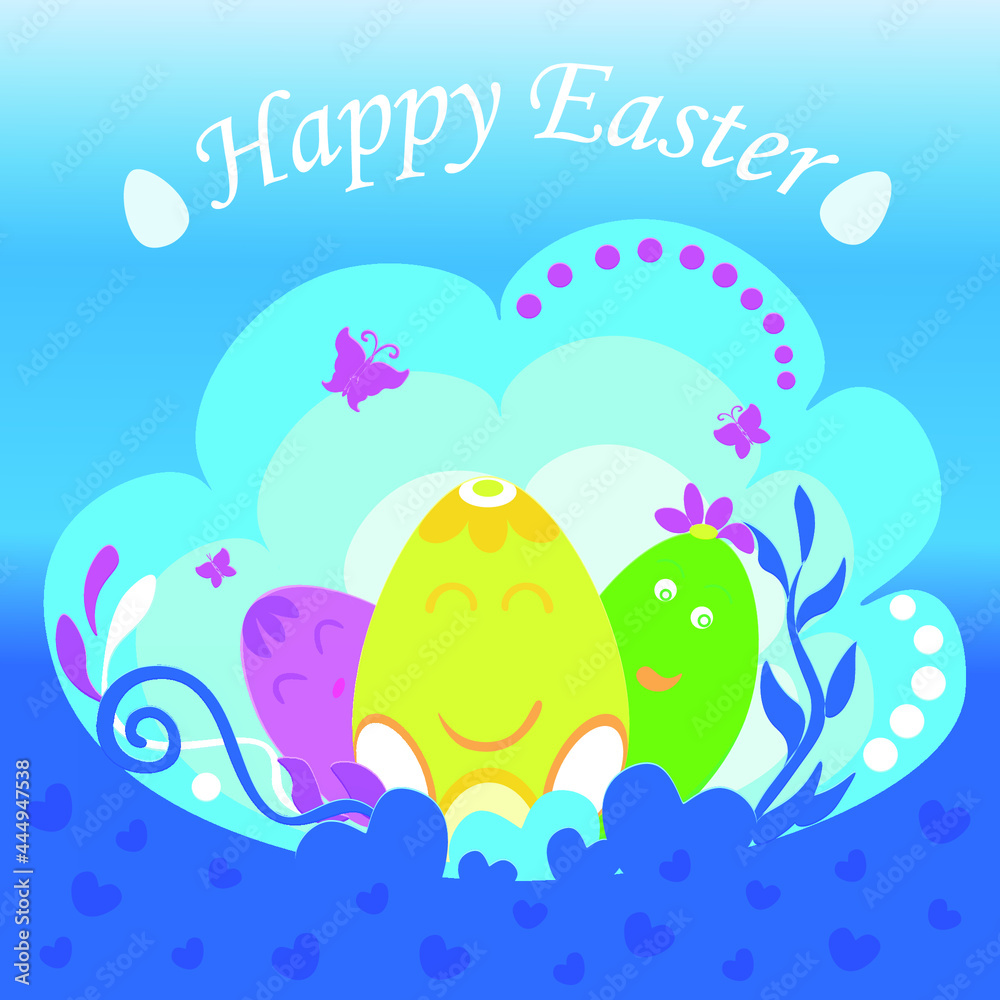 vector illustration of cheerful easter eggs smiling green and pink looks because of yellow, flying butterflies and space rejoices holiday. For textile, paper, digital products vector illustration of cheerful easter eggs smiling green and pink looks because of yellow, flying butterflies and space rejoices holiday. For textile, paper, digital products
