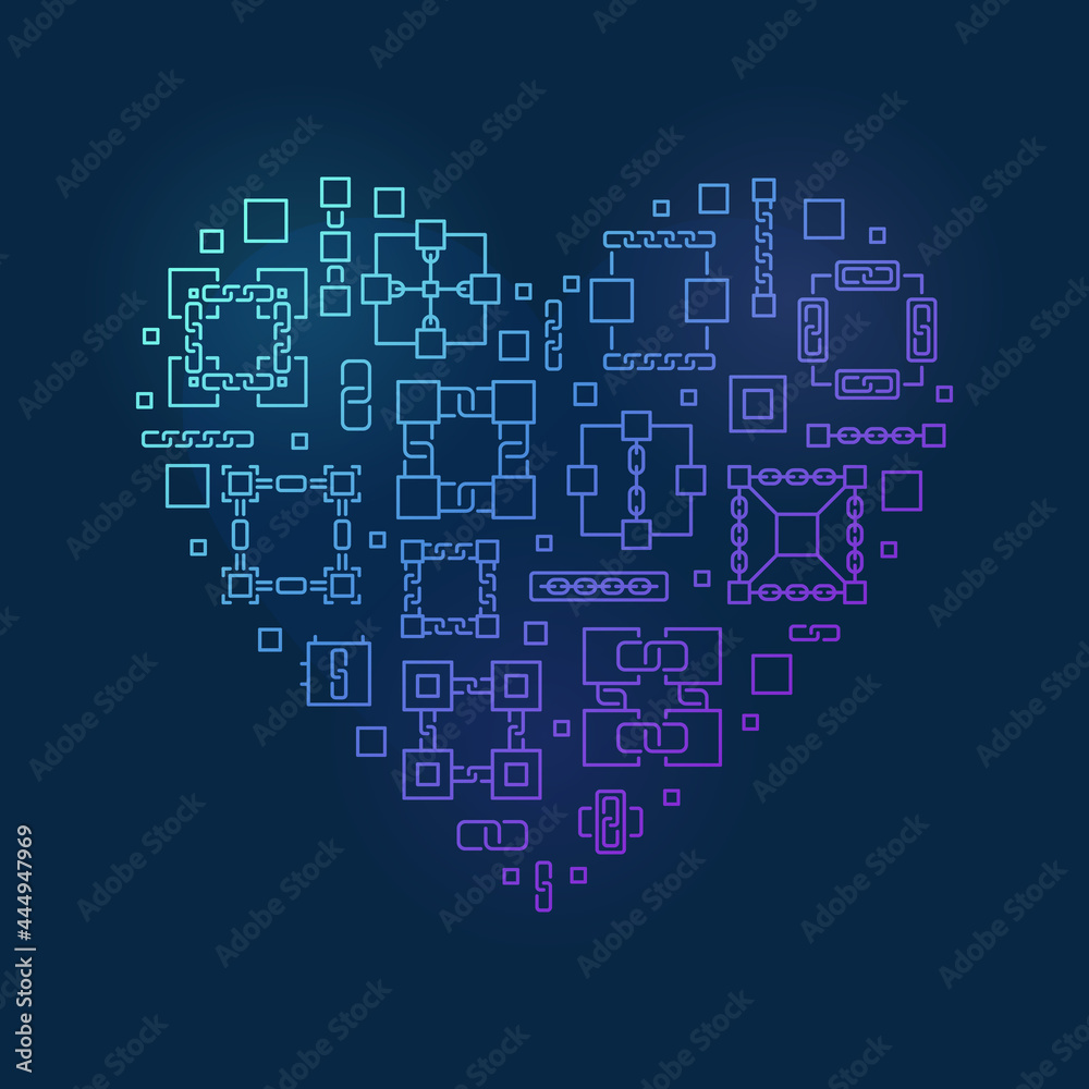 Blockchain linear vector heart shape colored illustration