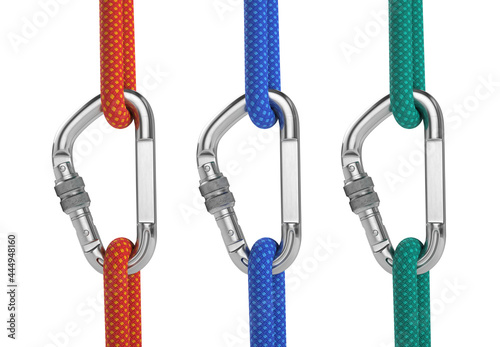 Steel carabiner hook with a red, blue and green climbing rope isolated on white. 3d rendering photo