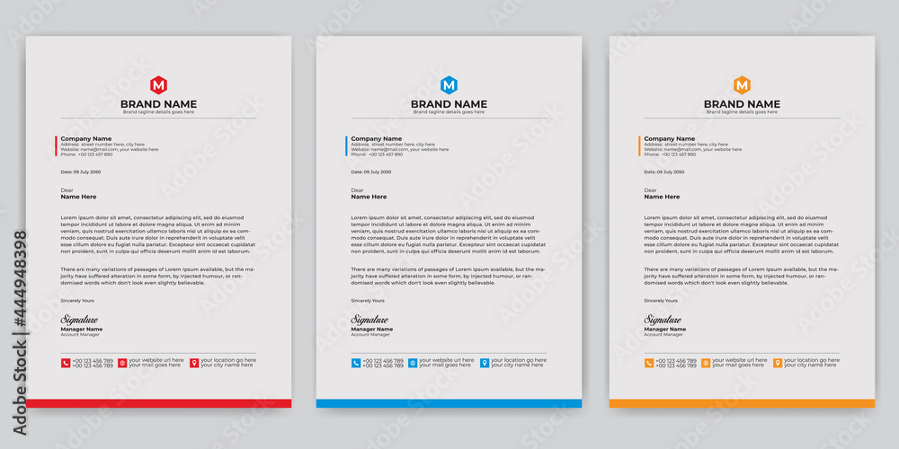 Professional Abstract corporate Letterhead template Design for Advertising Company Profile Layout, Letterhead Design Simple, And Clean Print-ready with Red, Orange and blue CMYK Color 19