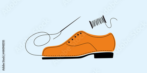 Shoe, footwear sewing and repair. Tailored handmade bespoke shoe, footwear. Bootmaker, shoemaker, cobbler tools. Сustom shoe atelier, workshop.DIY shoemaking.Colorful isolated flat vector illustration
