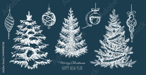 Obraz na plátně Christmas toys, fur-tree , hand drawn illustration. Vector.