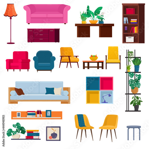 Set of furniture and home decoration. Modern items for a living room or office interior. Vector illustration in flat style