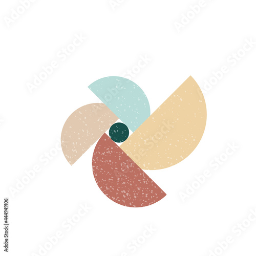 Minimal geometric composition. Semi circles forming a pinwheel with grunge texture. Vector illustration, flat design