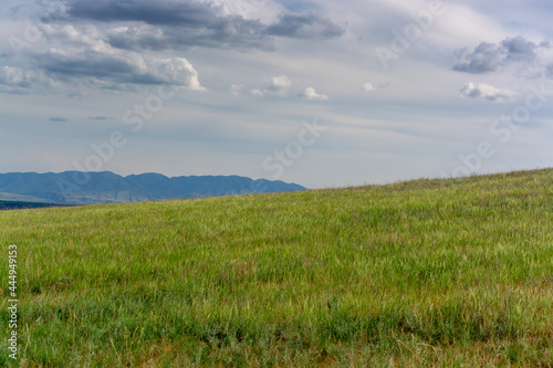 Mountain with a green hill. Cloudy weather. Summer. Zhetysu  Almaty region  Kazakhstan.