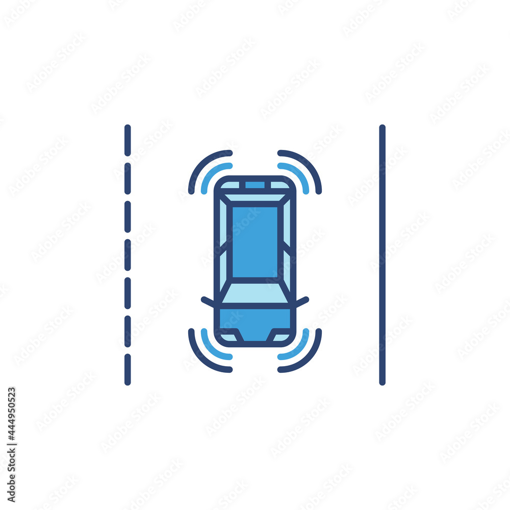 Fototapeta premium Autonomous Self-Driving Car on the street vector blue icon