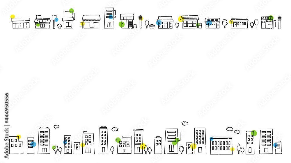 街並み カラフルタウン かわいい線画イラストセット 背景素材 16 9比率 Stock Vector Adobe Stock