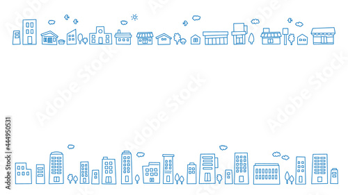 街並み ブルータウン かわいい線画イラスト 背景素材（16:9比率）