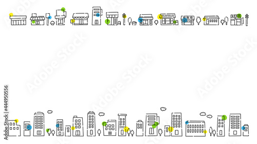 街並み カラフルタウン かわいい線画イラストセット 背景素材（16:9比率）