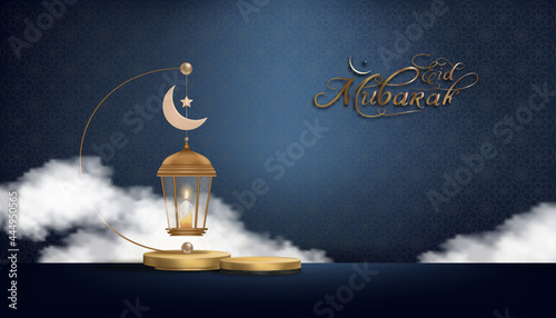 Eid Mubarak luxury greeting card with Crescent moon,Traditional Islamic lantern on golden Podium in Studio room with dark blue background,Vector Backdrop Religions for Ramadan Kareem,Isamic new year photo