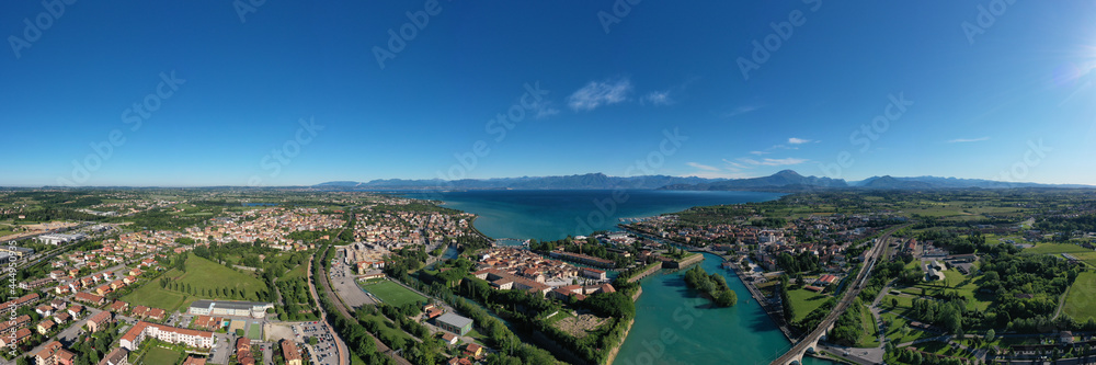 Water channels in the historic town of Peschiera del Garda. Peschiera del Garda, aerial view of Lake Garda, Italy. Italian city on the water.