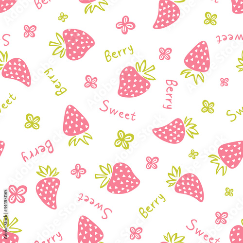 Cute sweet berry strawberry seamless patterns with simple cartoon fruitsand in minimal style isolated in background. For printing baby textiles, fabrics. Hand draw.