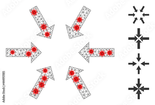 Polygonal compact arrows with lockdown style. Polygonal wireframe compact arrows image in low poly style with organized lines and red virus elements.