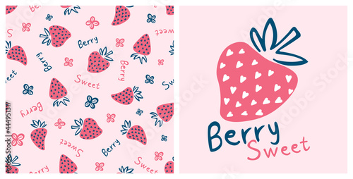 cute sweet berry strawberry seamless patterns and element for printable in minimal style isolated in background. Strawberry pattern set. Textile print for little baby.