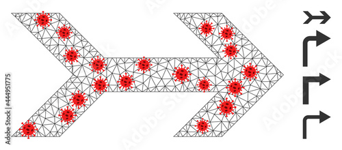 Net arrow right with lockdown style. Polygonal wireframe arrow right image in lowpoly style with structured linear items and red virus centers.