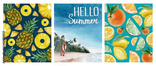 Watercolor hand drawing summer sea surfing background poster. Hello summer lettering. Pineapple and citrus pattern. Use for poster, card, print, postcard, flyers, banner, advertising, marketing, shop