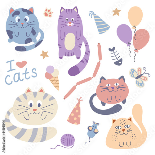 Vector set of cute doodle stickers with funny cats. Hand drawn vector illustration. Set of cats on a white background.