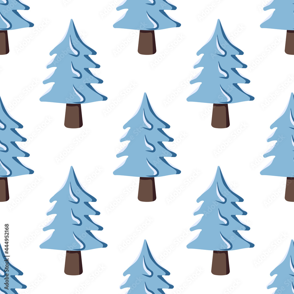 Obraz premium Seamless Christmas pattern with fir and tree in the snow on a white background. Happy New Year print for holiday decorations, wrapping paper, textiles and design. Wallpaper with winter nature