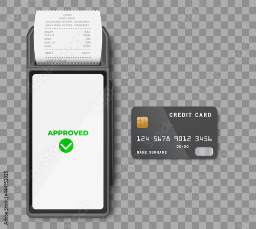Realistic 3d Detailed Bank POS Terminal with tick marks on screens, credit cards, smartphone and transaction receipt. Mockup template, Top View.